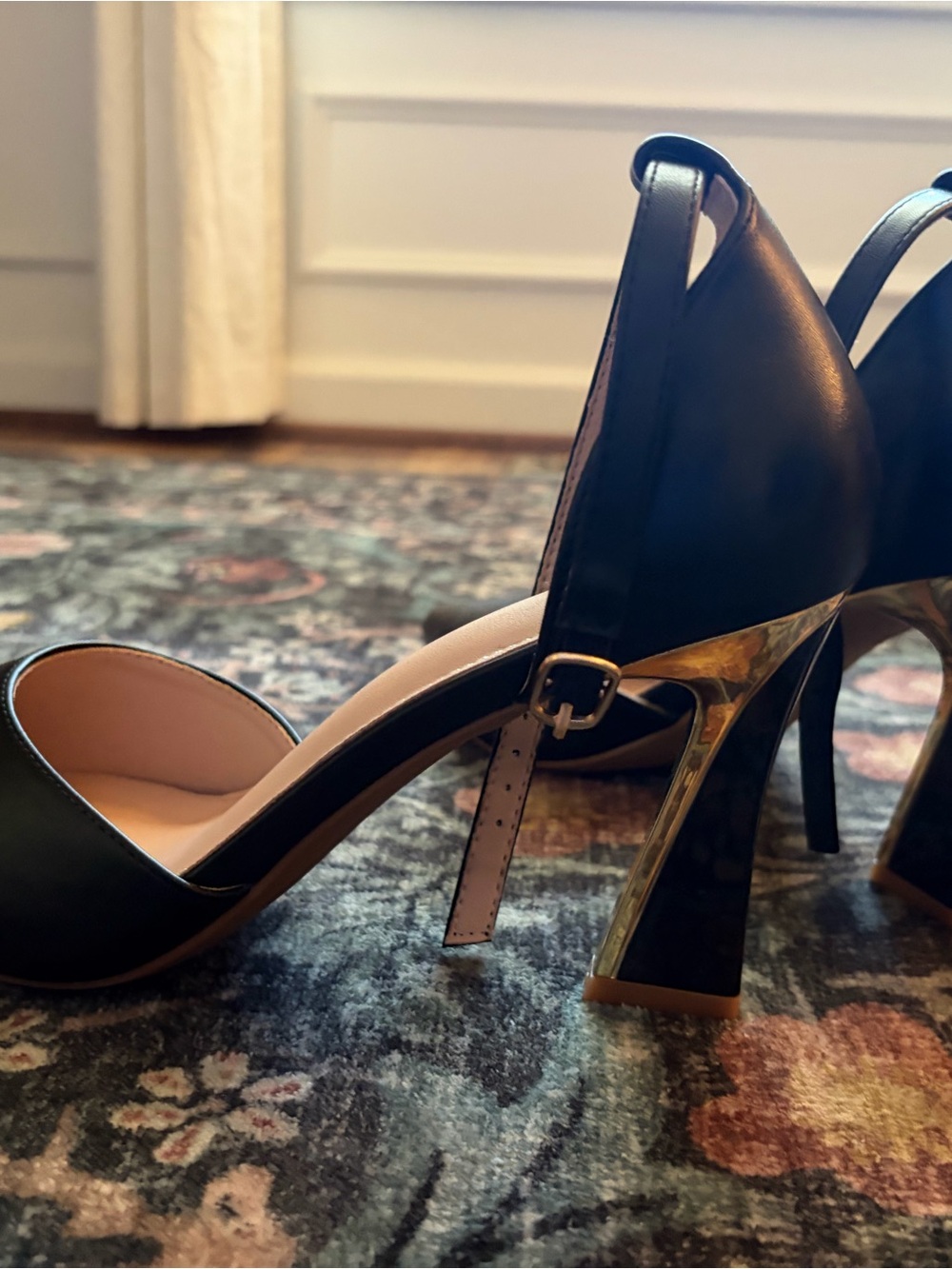 Black Heeled Sandals with Gold Accent - Women's Dress Heels
